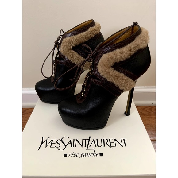 Yves Saint Laurent Shearling Lace-up Booties - Picture 1 of 9